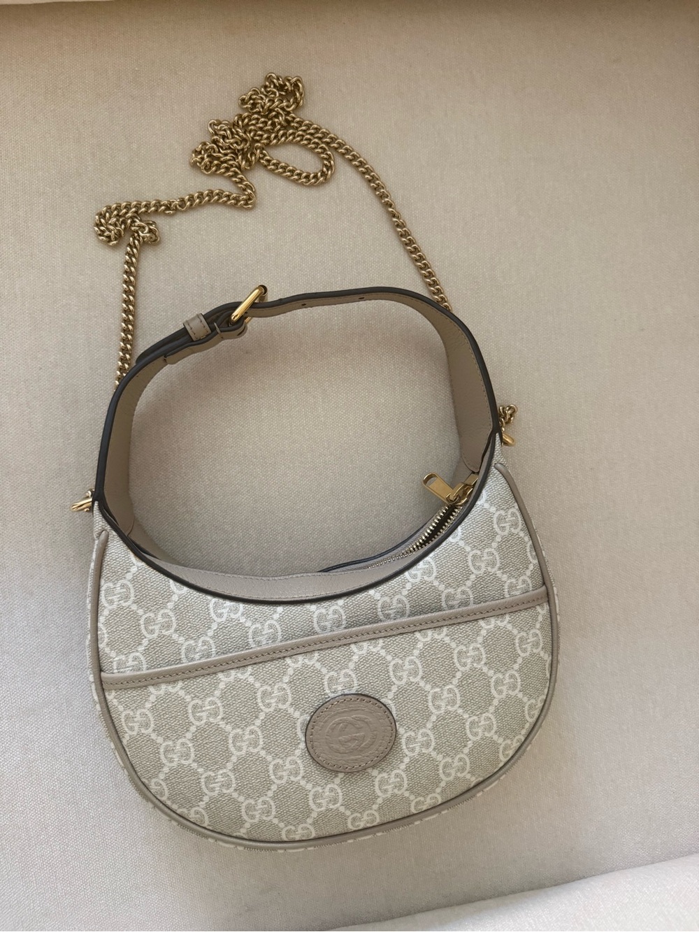 Gucci Beige Monogram Crescent Shoulder Bag with Gold Chain Strap